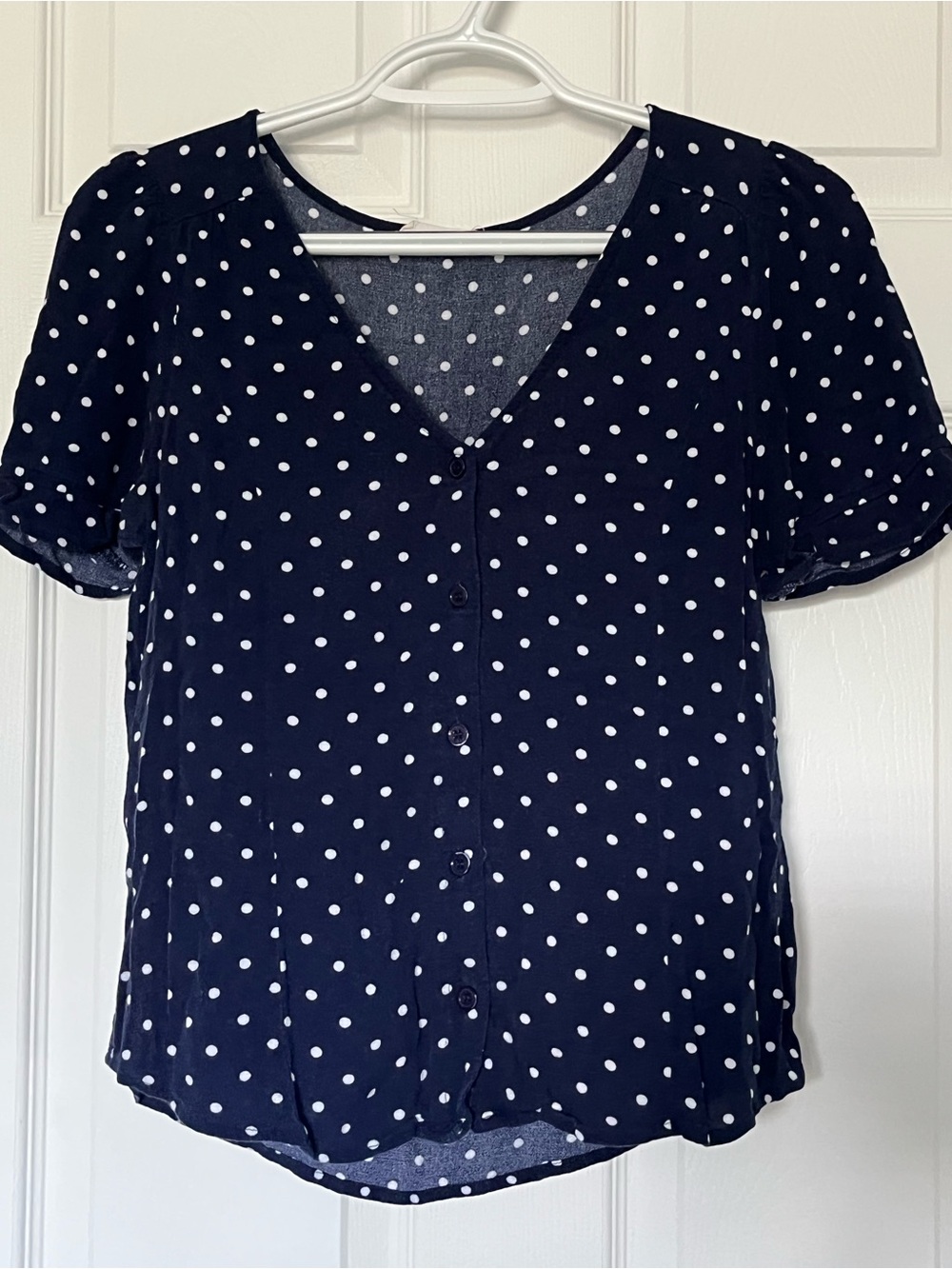 Elodie Navy White Polka Dot Button-Front Short Sleeve Blouse Small Timeless Chic